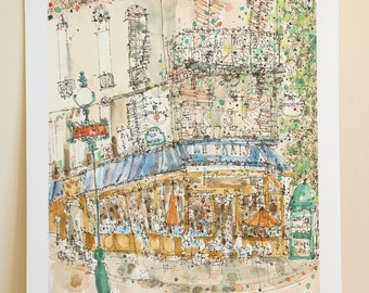 PARIS RESTAURANT ART, French Café Watercolor, Paris Café Painting, Parisian Wall Art, Paris Art Print, Signed Giclee Print, Clare Caulfield