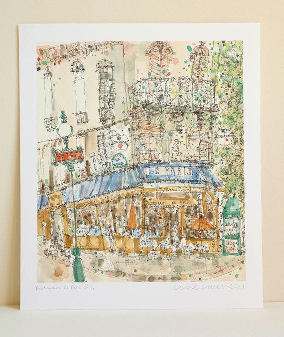 PARIS RESTAURANT ART, French Café Watercolor, Paris Café Painting, Parisian Wall Art, Paris Art Print, Signed Giclee Print, Clare Caulfield