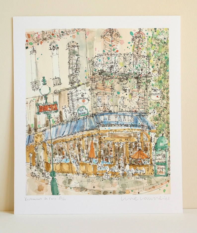 PARIS RESTAURANT ART, French Cafe Watercolor, Paris Cafe Painting, Parisian Wall Art, Paris Art Print, Signed Giclee Print, Clare Caulfield image 1