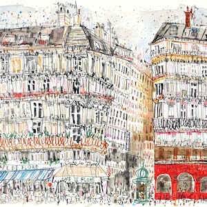 May include: A watercolor painting of a street scene in Paris, France. The painting features a cafe called "Cafe de Flore" with a blue awning and tables set up outside. The cafe is located on a street lined with tall buildings. The painting is done in a loose, expressive style.