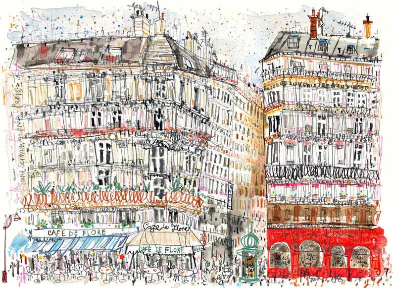 May include: A watercolor painting of a street scene in Paris, France. The painting features a cafe called "Cafe de Flore" with a blue awning and tables set up outside. The cafe is located on a street lined with tall buildings. The painting is done in a loose, expressive style.