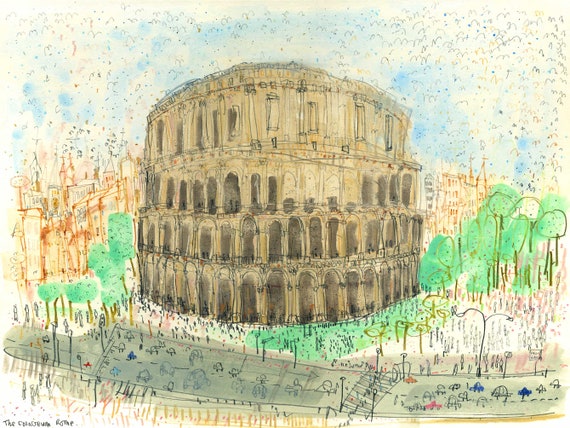 ローマの絵画、コロッセオの絵、イタリアの建築、ローマの壁画、水彩画