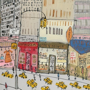 NEW YORK Print, 11 x 14 NYC Wall Art, Rays Pizza Shop, Yellow Taxi Sketch, City Drawing, Manhattan Storefront, Usa Painting, Architecture