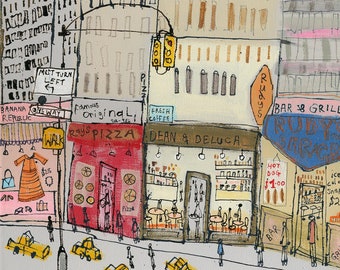 NEW YORK Print, 11 x 14 NYC Wall Art, Rays Pizza Shop, Yellow Taxi Sketch, City Drawing, Manhattan Storefront, Usa Painting, Architecture