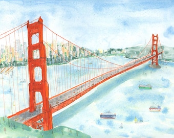 GOLDEN GATE BRIDGE, Signed Giclee Print 16x20, San Francisco Poster, Watercolor Painting, View of San Fran, City View Sketch, California Art