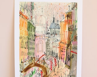 VENICE BRIDGE PRINT,  Italy Drawing, Watercolor Painting, Canal Art Sketch, San Barnaba Sketch, Clare Caulfield, Gondolas Drawing, Veneto