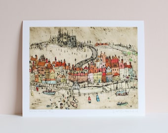 WHITBY HARBOUR PRINT, North Yorkshire Coast England, Coastal Fishing Village, Whitby Abbey Drypoint, Signed Giclee print by Clare Caulfield
