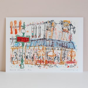 PARIS SKETCHBOOK Metro Art Print, Mixed media Painting, French Cafe Drawing, Paris Wall Art, Parisian Watercolor Restaurant Clare Caulfield