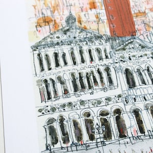 May include: A watercolor painting of a building with a tall tower and many windows. The building is painted in shades of gray and white, with some details in black. The painting is done in a loose, impressionistic style.