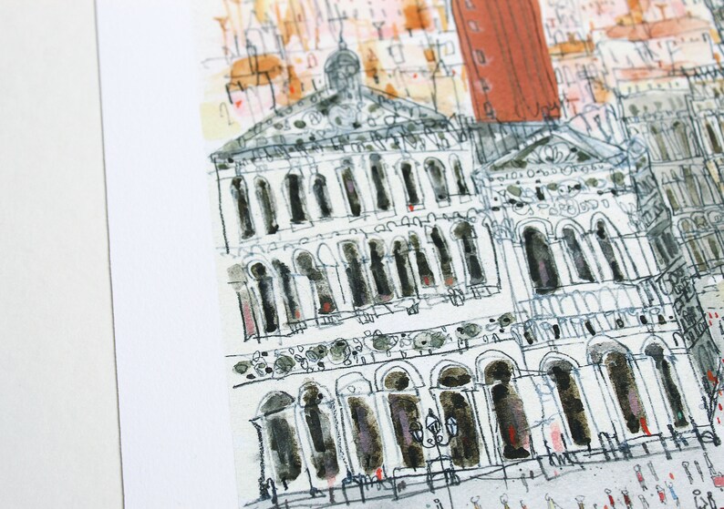 May include: A watercolor painting of a building with a tall tower and many windows. The building is painted in shades of gray and white, with some details in black. The painting is done in a loose, impressionistic style.