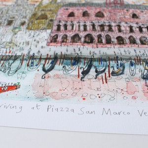 May include: A watercolor painting of a scene in Venice, Italy. The painting depicts a red boat with the word "ACTV" on it, and a view of the Piazza San Marco. The text "Arriving at Piazza San Marco Venice" is written in black ink at the bottom of the painting.