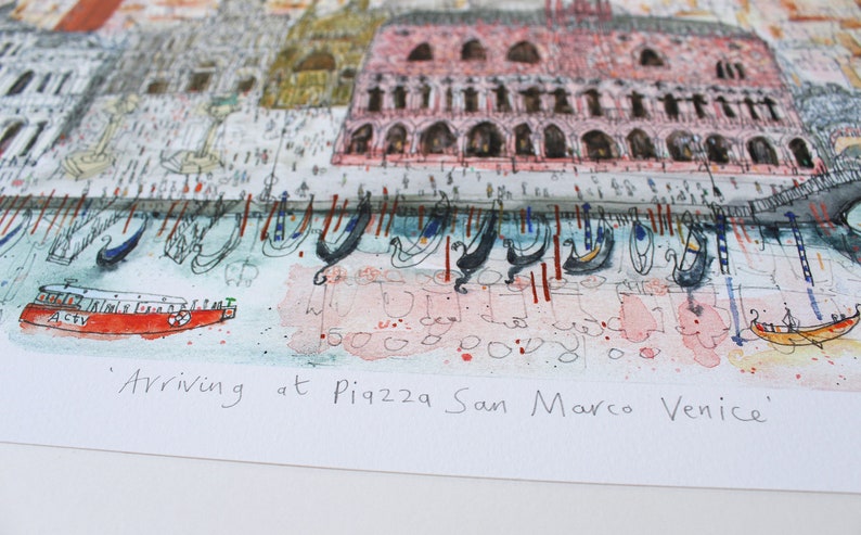 May include: A watercolor painting of a scene in Venice, Italy. The painting depicts a red boat with the word "ACTV" on it, and a view of the Piazza San Marco. The text "Arriving at Piazza San Marco Venice" is written in black ink at the bottom of the painting.