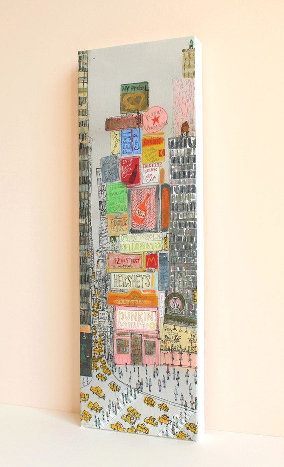Times Square canvas, New York Art Print, New York Giclee, New York Taxi, Donuts NY Art, Manhattan Painting, Acrylic Canvas, City Drawing