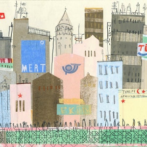 ISTANBUL WALL ART, Galata Bridge, Turkey City Print, Signed Limited Edition, Watercolor Painting, Istanbul Drawing Collage, Clare Caulfield