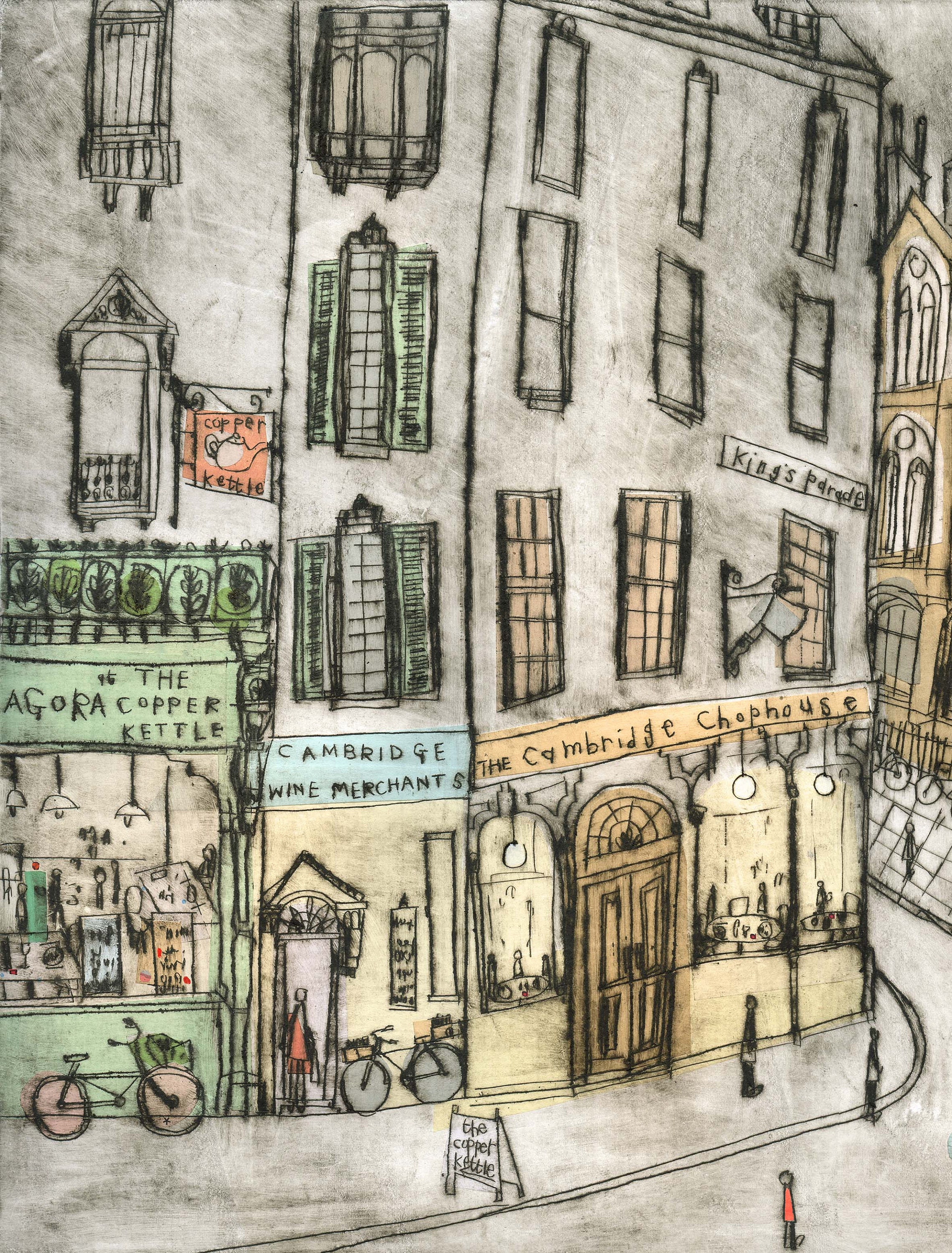 CAMBRIDGE PRINT, Kings Parade Art, 11x14 Picture, England City Sketch, Cambridge Painting, Chophouse Restaurant, University Sketch, Building