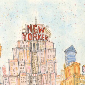 May include: A watercolor painting of a city skyline with a building that says "NEW YORKER" on top. The building is pink and orange with many windows. The sky is light blue with white and pink confetti.