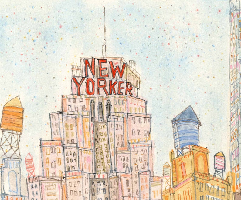 May include: A watercolor painting of a city skyline with a building that says "NEW YORKER" on top. The building is pink and orange with many windows. The sky is light blue with white and pink confetti.