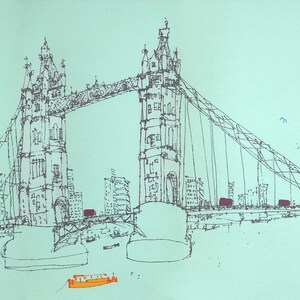 May include: A black and white line drawing of the Tower Bridge in London, England. The bridge is drawn in detail, with the two towers, the walkway, and the suspension cables. There are small boats in the water below the bridge and a flock of birds in the sky above.