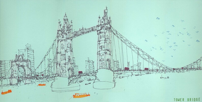 May include: A black and white line drawing of the Tower Bridge in London, England. The bridge is drawn in detail, with the two towers, the walkway, and the suspension cables. There are small boats in the water below the bridge and a flock of birds in the sky above.