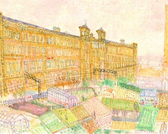 MOLINO DE SALTAS SALTAIRE Arte de Yorkshire, Impresión firmada de edición limitada, Pintura en acuarela de Clare Caulfield, Dibujo de parcela Bradford Inglaterra