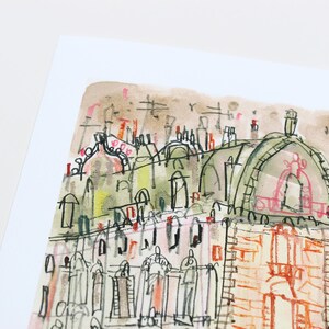 May include: Watercolor painting of a building with a green roof and red accents. The building is drawn in a whimsical style with lots of detail. The background is a light brown with pink and white accents.