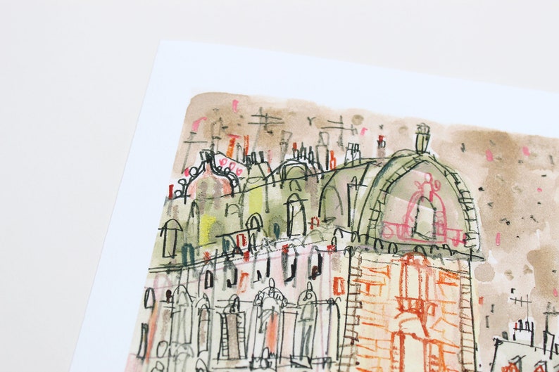 May include: Watercolor painting of a building with a green roof and red accents. The building is drawn in a whimsical style with lots of detail. The background is a light brown with pink and white accents.