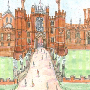 May include: Watercolor illustration of a large red brick building with multiple towers and a Union Jack flag. A pathway leads to the building's entrance, with small figures of people walking along it. The artwork has a whimsical, hand-drawn style.