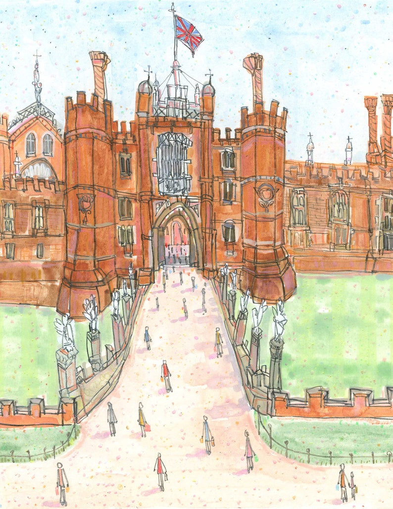 May include: Watercolor illustration of a large red brick building with multiple towers and a Union Jack flag. A pathway leads to the building's entrance, with small figures of people walking along it. The artwork has a whimsical, hand-drawn style.