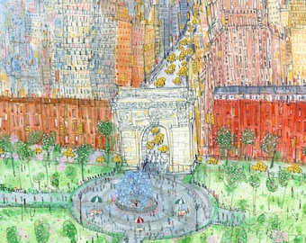 Giclee Art WASHINGTON SQUARE 10 x 8, impression Taxi New York, dessin Manhattan, peinture de Greenwich Village, taxi Université de New York, esquisse du parc de la ville