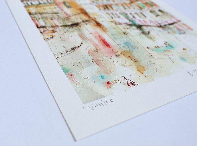 May include: A watercolour painting of a cityscape in a light blue, pink and yellow colour scheme. The painting is titled "Venice".