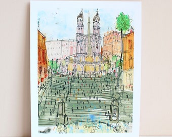 ROME ART PRINT, Spanish Steps Painting, 11x14 Rome Home Decor, Rome Drawing, European Sketch, City Painting, Architecture Travel