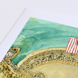 May include: A watercolor painting of a building with a green and gold dome. The building has a decorative border with a repeating pattern. An American flag hangs from the dome.