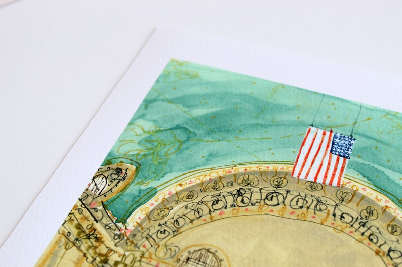May include: A watercolor painting of a building with a green and gold dome. The building has a decorative border with a repeating pattern. An American flag hangs from the dome.