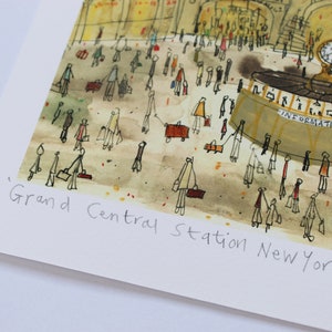 May include: A watercolor illustration of Grand Central Station in New York City. The illustration features a busy scene with many people walking around, a clock tower, and the words "Information" on a sign.