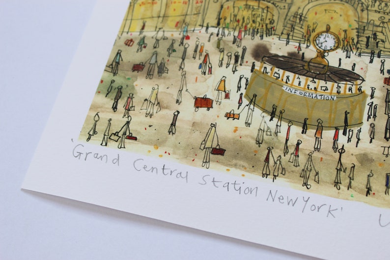 May include: A watercolor illustration of Grand Central Station in New York City. The illustration features a busy scene with many people walking around, a clock tower, and the words "Information" on a sign.