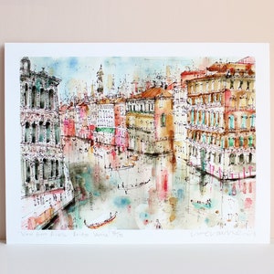 View from Rialto Bridge Venice Watercolor Painting, Grand Canal Art, Signed limited edition Giclee Print Clare Caulfield