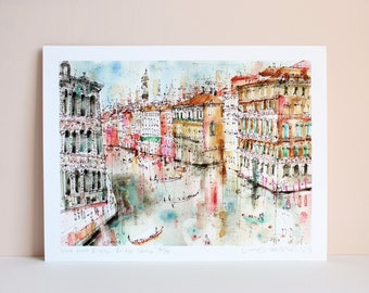 Blick von der Rialtobrücke Venedig Aquarell Malerei, Grand Canvas Kunst, signierte limitierte Auflage Giclée Print Clare Caulfield