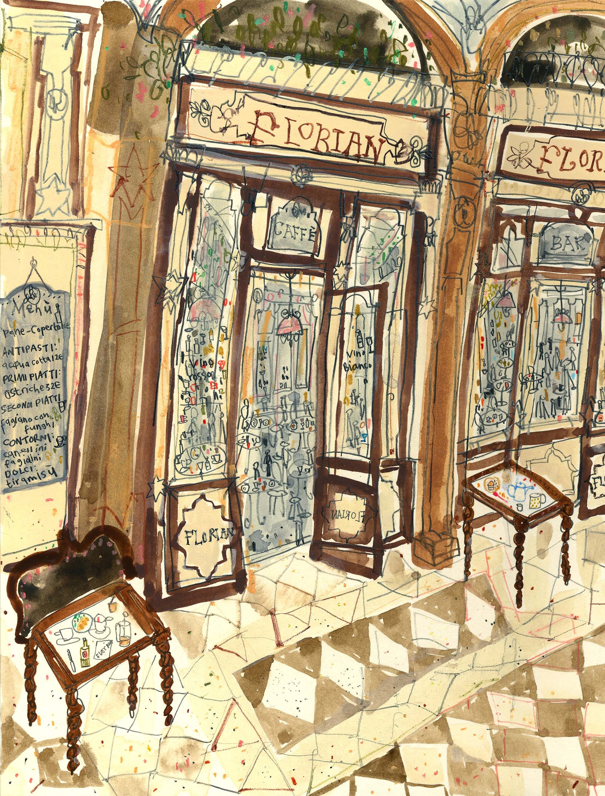 Café Venice, Italy Art Print, San Marco Watercolor Sketch (11x14