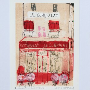 May include: A watercolor painting of a Parisian restaurant called "Le Consulat" with red and pink accents. The painting features a cafe sign, a red awning, and people sitting outside the restaurant.