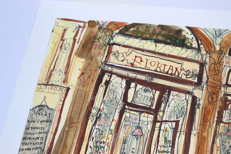 Cafetería histórica de Venecia, Piazza San Marco Café, Plaza de San Marcos, Acuarela, Pintura italiana, Impresión de edición limitada, Clare Caulfield imagen 6