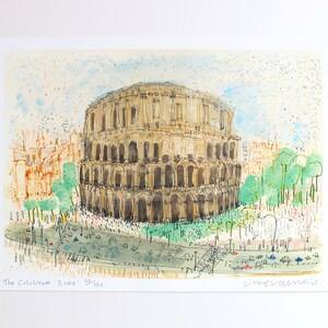 May include: Watercolor print of the Colosseum in Rome. The artwork depicts the ancient amphitheater in a loose, illustrative style, with surrounding buildings, trees, and vehicles. The print is signed and numbered.