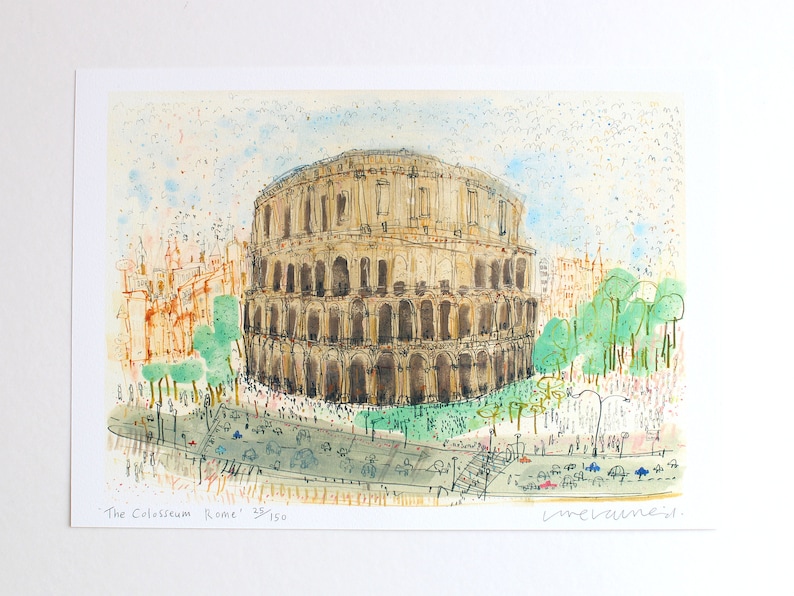 May include: Watercolor print of the Colosseum in Rome. The artwork depicts the ancient amphitheater in a loose, illustrative style, with surrounding buildings, trees, and vehicles. The print is signed and numbered.