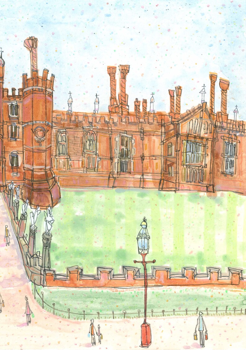May include: Watercolor illustration of a large, red-brick building with multiple chimneys and windows. A green lawn is in front of the building, and a red brick wall surrounds the lawn. People are walking on a path in front of the building.