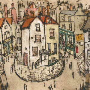 May include: A black and white ink drawing of a street scene in a city. The drawing depicts a cobblestone street with buildings on either side. The buildings are drawn in a simple style, with windows and doors. There are people walking on the street, and there are signs on the buildings. The drawing is done in a realistic style, and the details are well-defined.