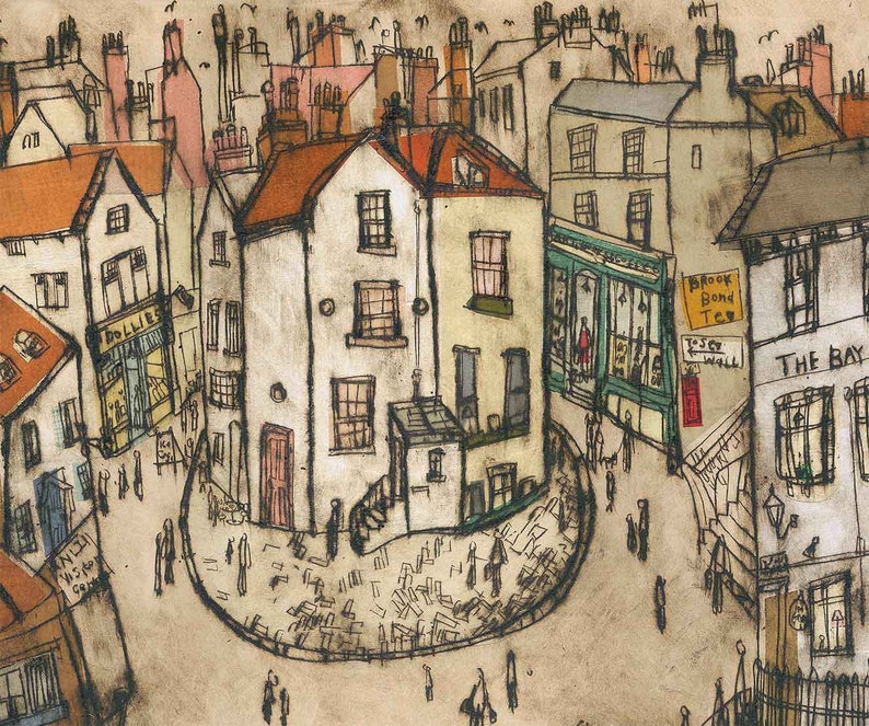 May include: A black and white ink drawing of a street scene in a city. The drawing depicts a cobblestone street with buildings on either side. The buildings are drawn in a simple style, with windows and doors. There are people walking on the street, and there are signs on the buildings. The drawing is done in a realistic style, and the details are well-defined.