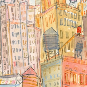 May include: Watercolor painting of a city skyline with tall buildings, water towers, and a diner sign. The buildings are painted in shades of pink, yellow, and blue. The water towers are painted in shades of gray and brown. The diner sign is painted in red and white.