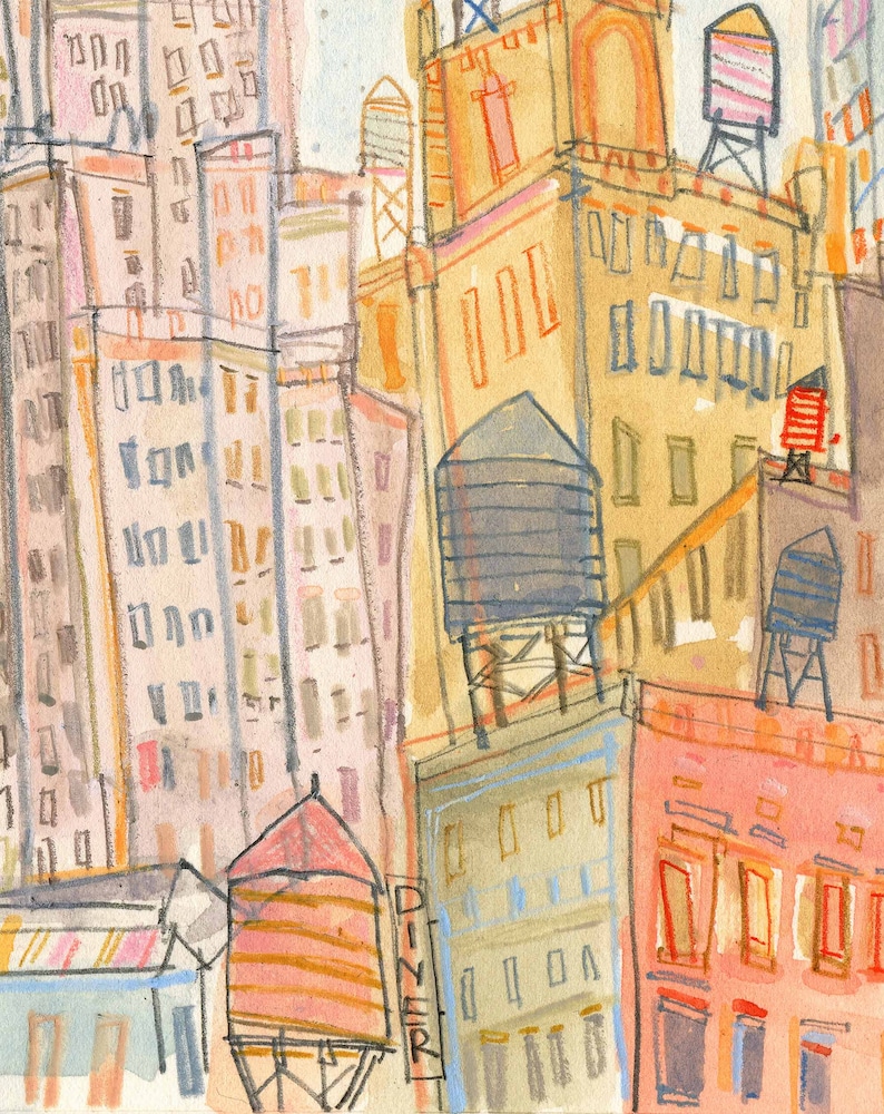 May include: Watercolor painting of a city skyline with tall buildings, water towers, and a diner sign. The buildings are painted in shades of pink, yellow, and blue. The water towers are painted in shades of gray and brown. The diner sign is painted in red and white.