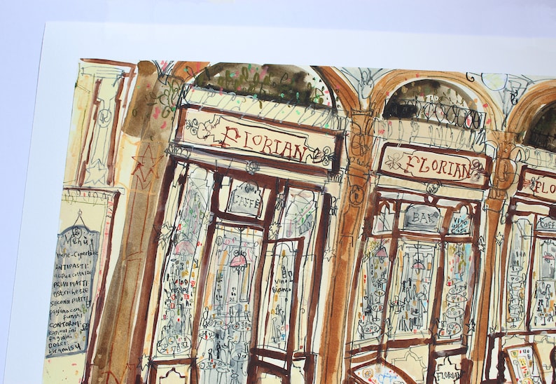 Puede incluir: Una pintura de acuarela de una cafeter&iacute;a llamada "Florian" en Venecia, Italia. La cafeter&iacute;a tiene una fachada marr&oacute;n y blanca con un letrero que dice "Florian" en letras rojas. La cafeter&iacute;a tiene una gran ventana con un letrero que dice "Caffe" en letras blancas. La cafeter&iacute;a tiene una barra con un letrero que dice "Bar" en letras blancas. La cafeter&iacute;a tiene un letrero que dice "Vino Bianco" en letras blancas. La cafeter&iacute;a tiene un letrero que dice "Caffe" en letras blancas.