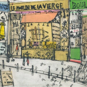 May include: An artistic illustration of a French bakery, "Le Moulin de la Vierge," with signs and architectural details. The image features text, including "Pain Sur Levain" and "Boulangerie." The color palette includes yellow, orange, green, and black.