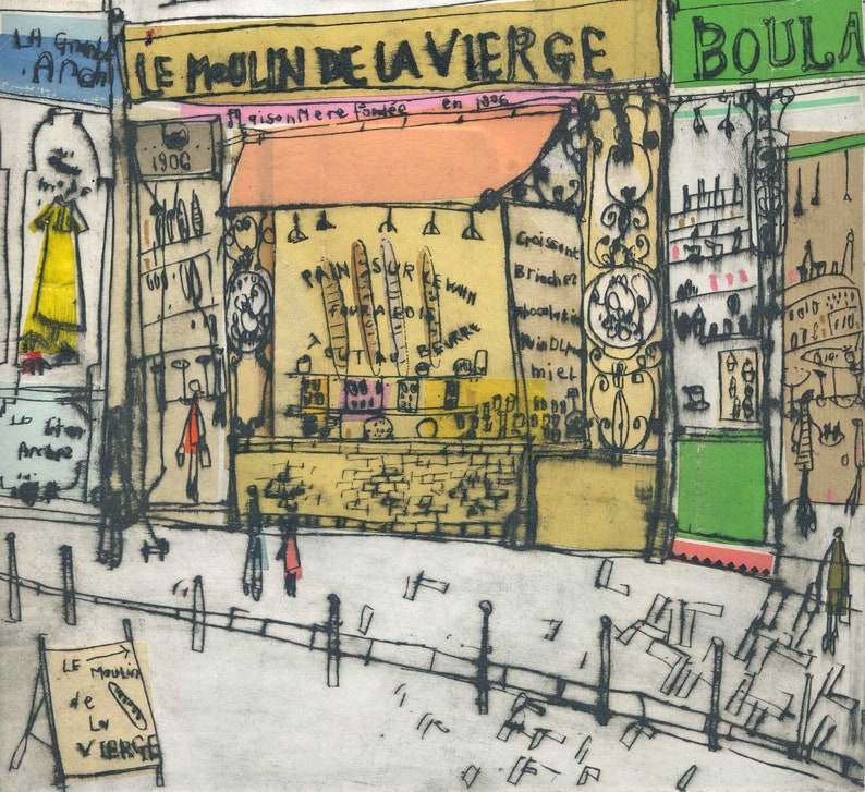May include: An artistic illustration of a French bakery, "Le Moulin de la Vierge," with signs and architectural details. The image features text, including "Pain Sur Levain" and "Boulangerie." The color palette includes yellow, orange, green, and black.